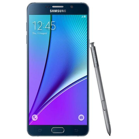 Refurbished Samsung Galaxy Note 5 with pencil in blue front view