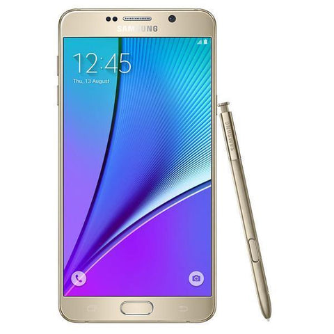 Refurbished Samsung Galaxy Note 5 with pencil in gold front view