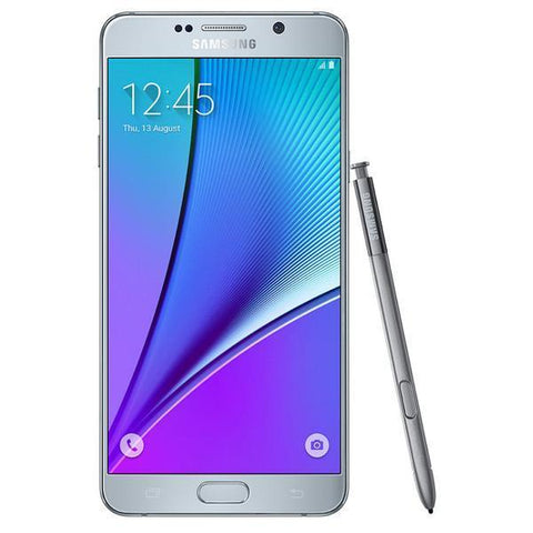 Refurbished Samsung Galaxy Note 5 with pencil in silver front view