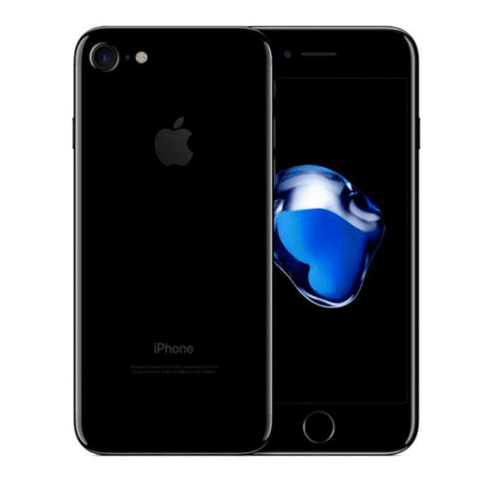 Refurbished Apple iPhone 7 in jet black front and rear view