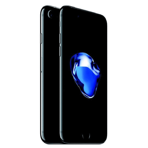 Refurbished Apple iPhone 7 in jet black front and rear view